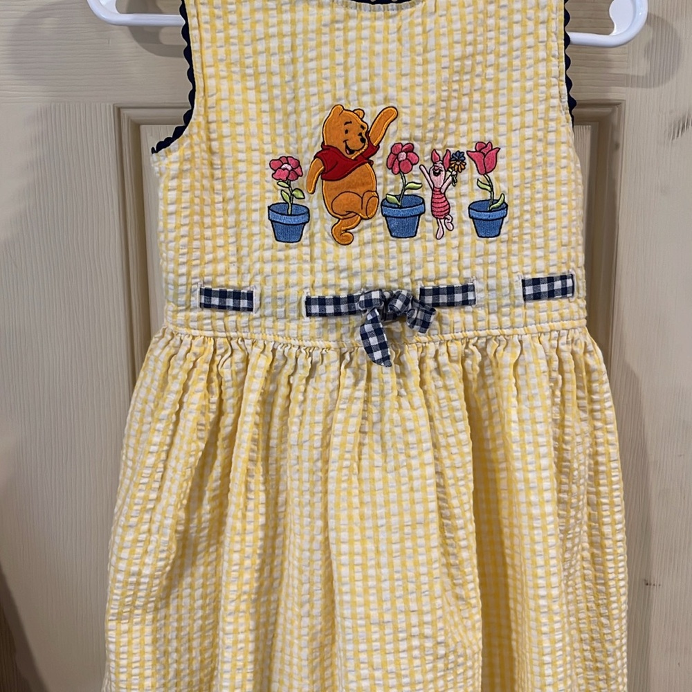Vintage Yellow Gingham Kids Dress with Embroidered Winnie the Pooh